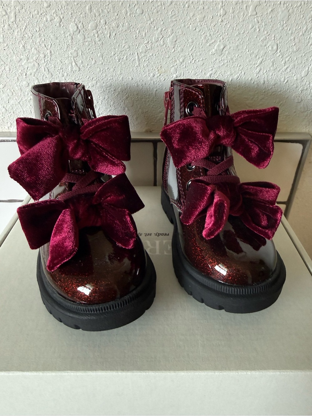 Cato Girls Burgundy Patent Glitter Boots with Velvet Bows